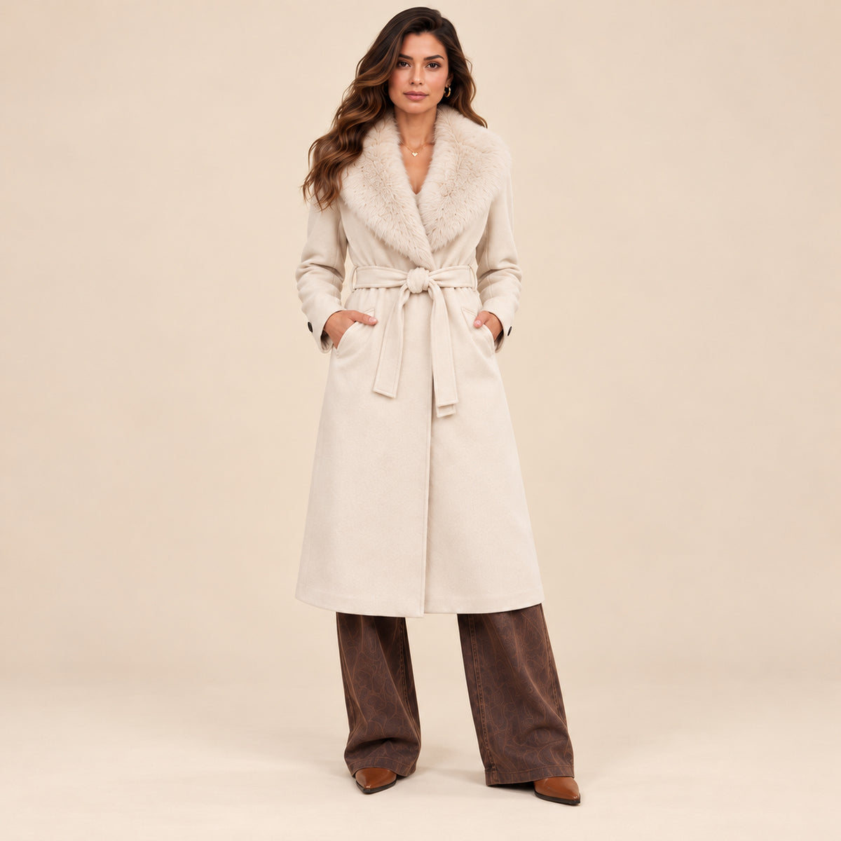 Cappotto Glamour panna con collo in ecopelliccia, vista frontale