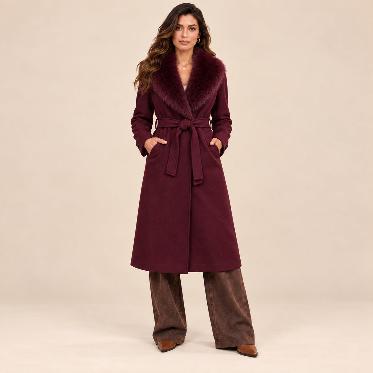 Cappotto Glamour borgogna con collo in ecopelliccia, vista frontale