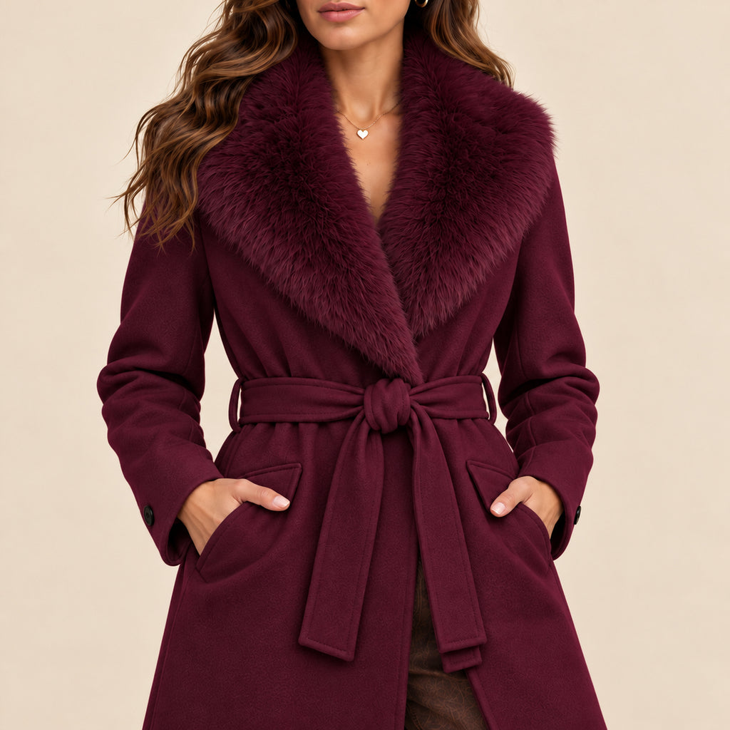 Cappotto Glamour borgogna dettaglio del collo in ecopelliccia e della cintura
