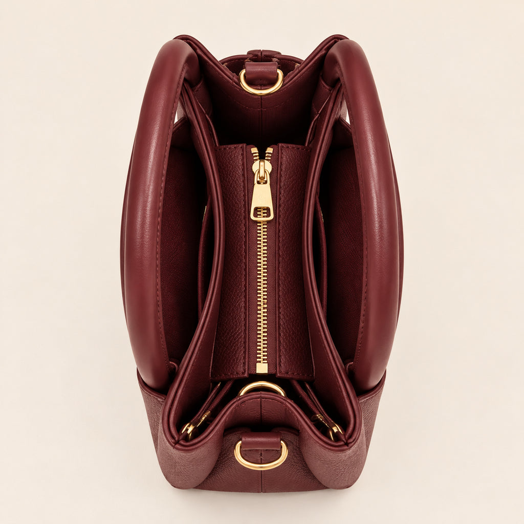 City Bag Coconuda Borgogna, vista dall'alto con scomparto centrale con zip
