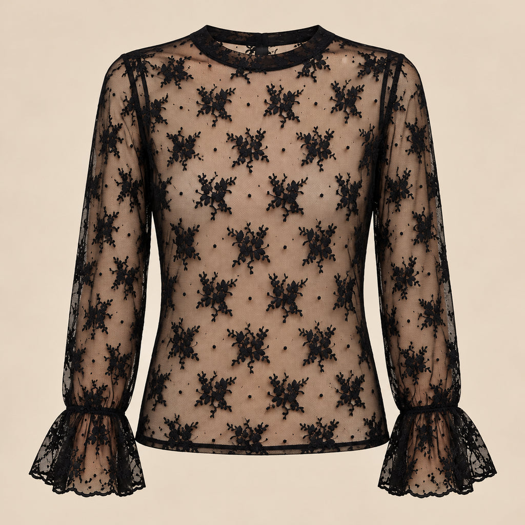 Maglia Fleur nera trasparente in tulle a fiori, foto prodotto