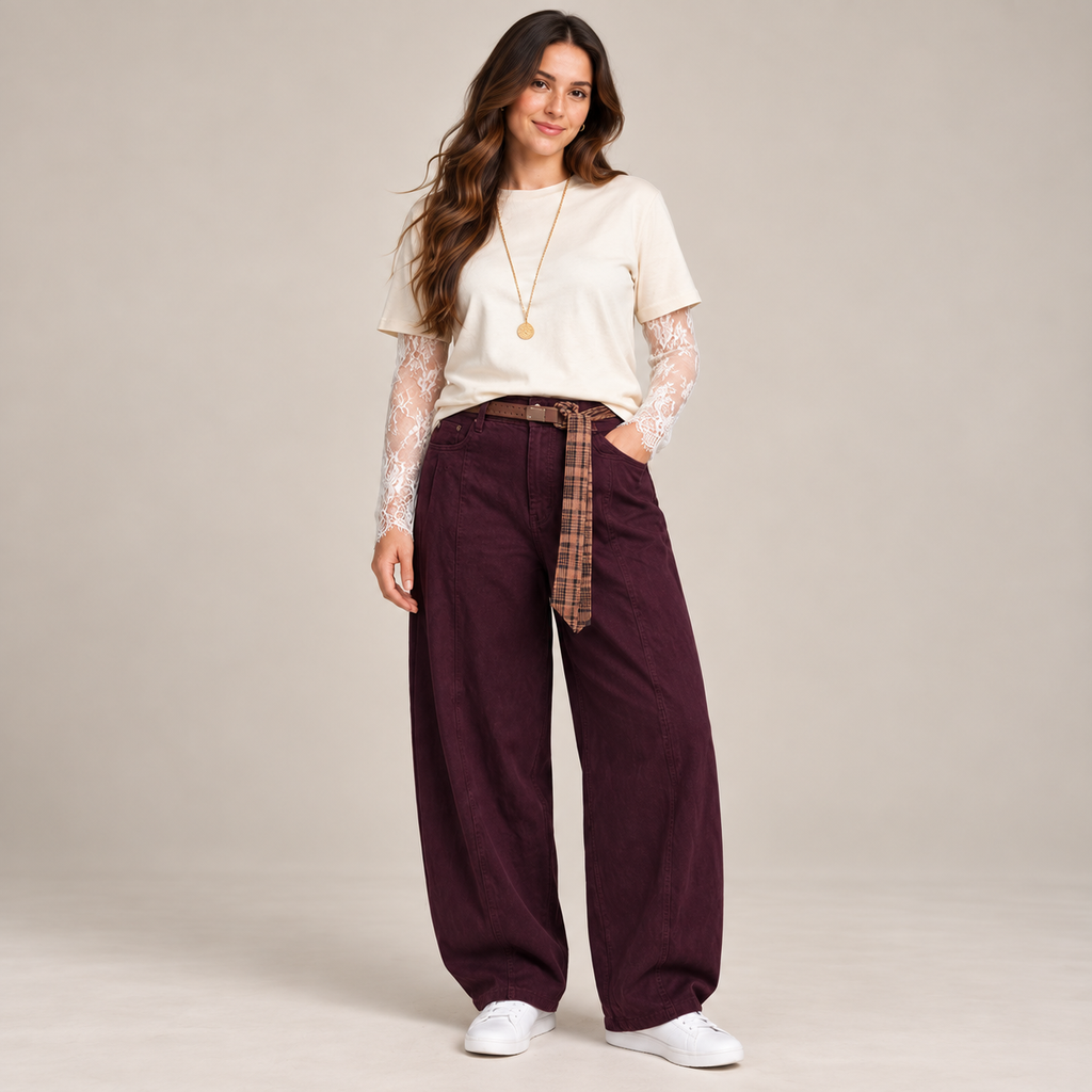 Jeans Ballon Street Bordeaux a vita alta - figura intera