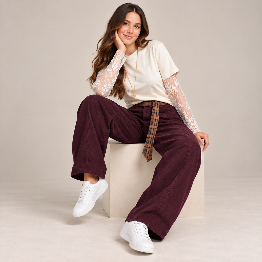 Jeans Ballon Street Bordeaux - look casual chic con sneakers