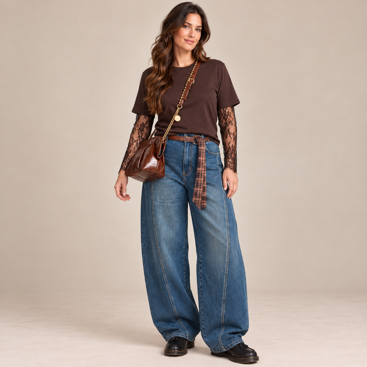 Jeans Ballon Street Blu con cintura e foulard a quadri - vista frontale