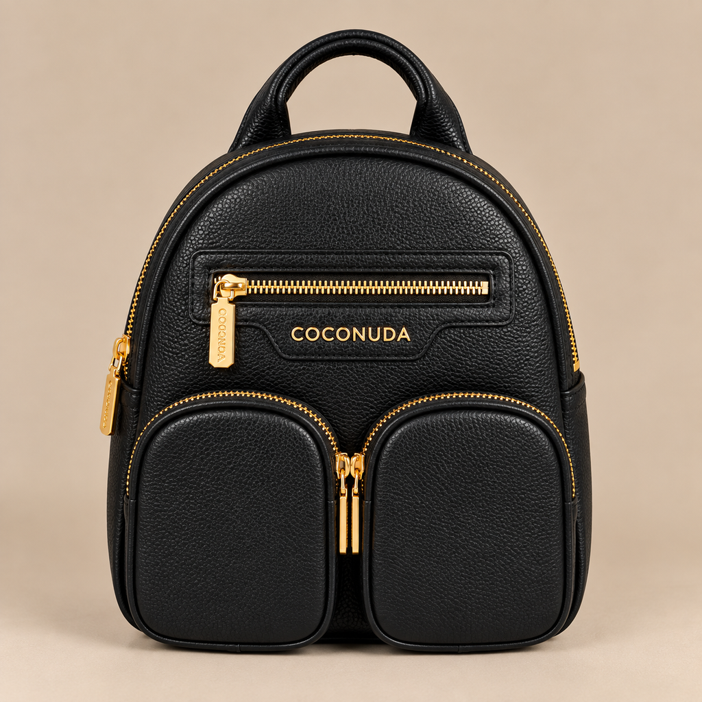 Zaino Coconuda Nero - vista frontale con zip e dettagli dorati
