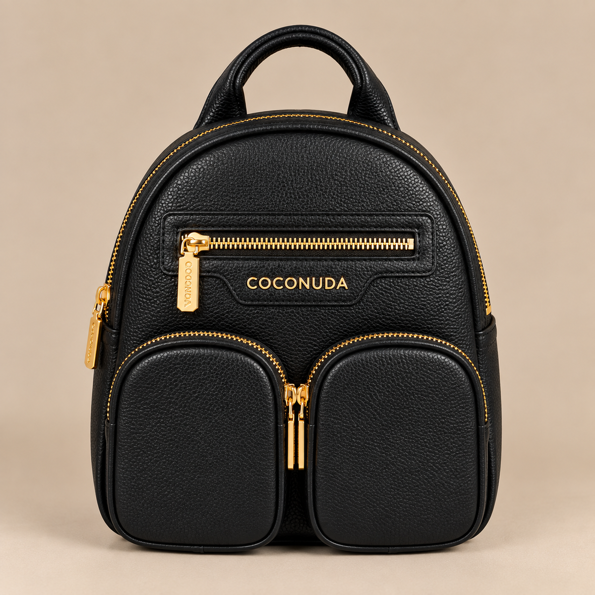 Zaino Coconuda Nero - vista frontale con zip e dettagli dorati