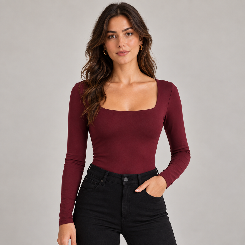 Body Safiria Bordeaux - indossato con jeans neri