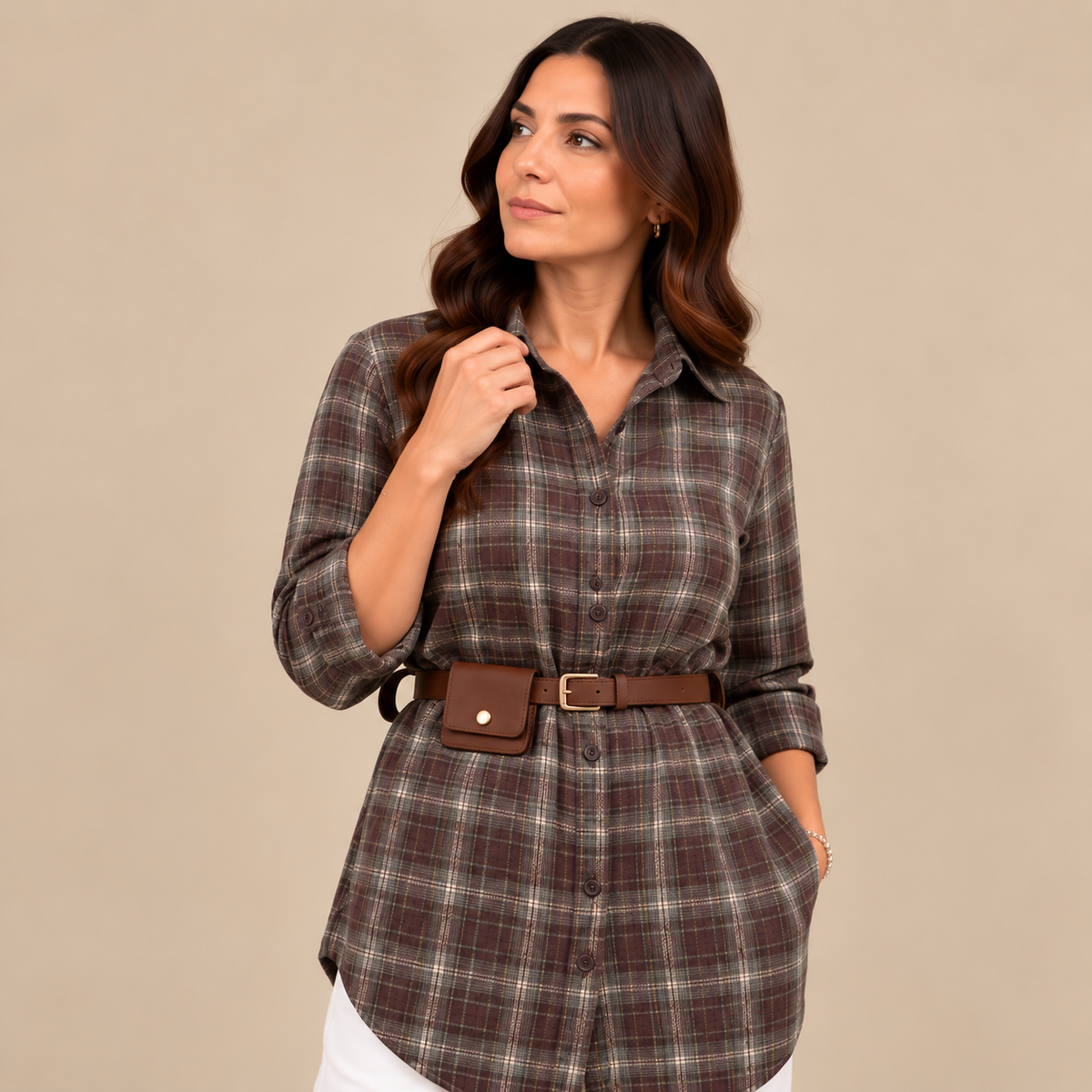 Scottish Chemisier Marrone - camicia a quadri con cintura, vista frontale