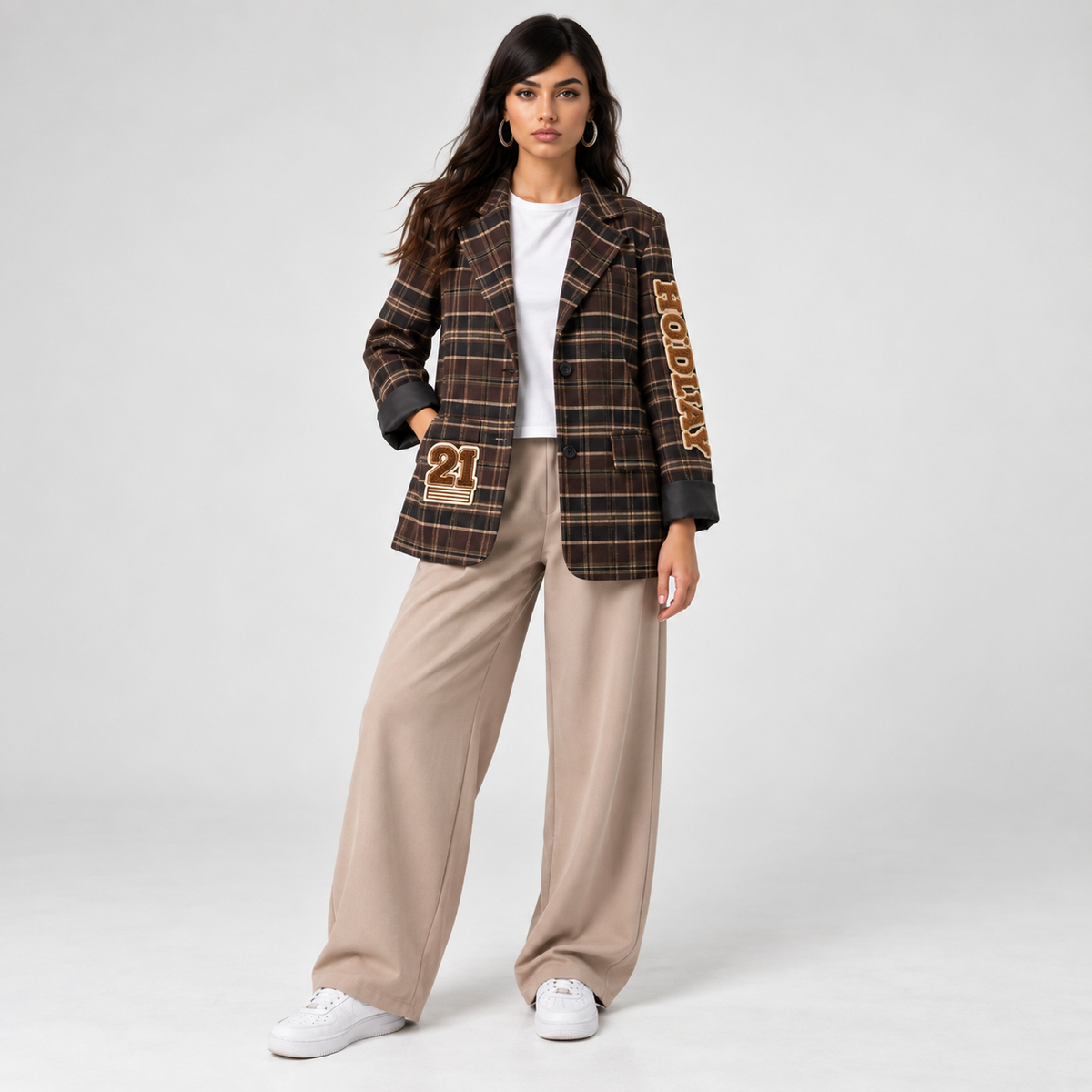 Giacca Rabbit Cioccolato - blazer a quadri con patch, figura intera frontale