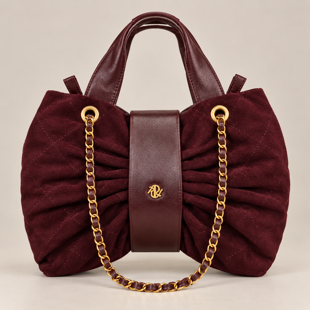 Flake Bag Borgogna - vista frontale con catena e placca dorata