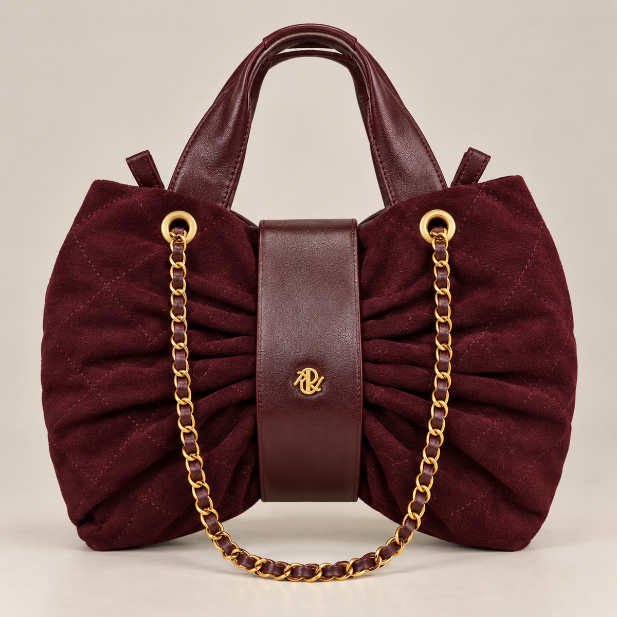Flake Bag Borgogna - vista frontale con catena e placca dorata