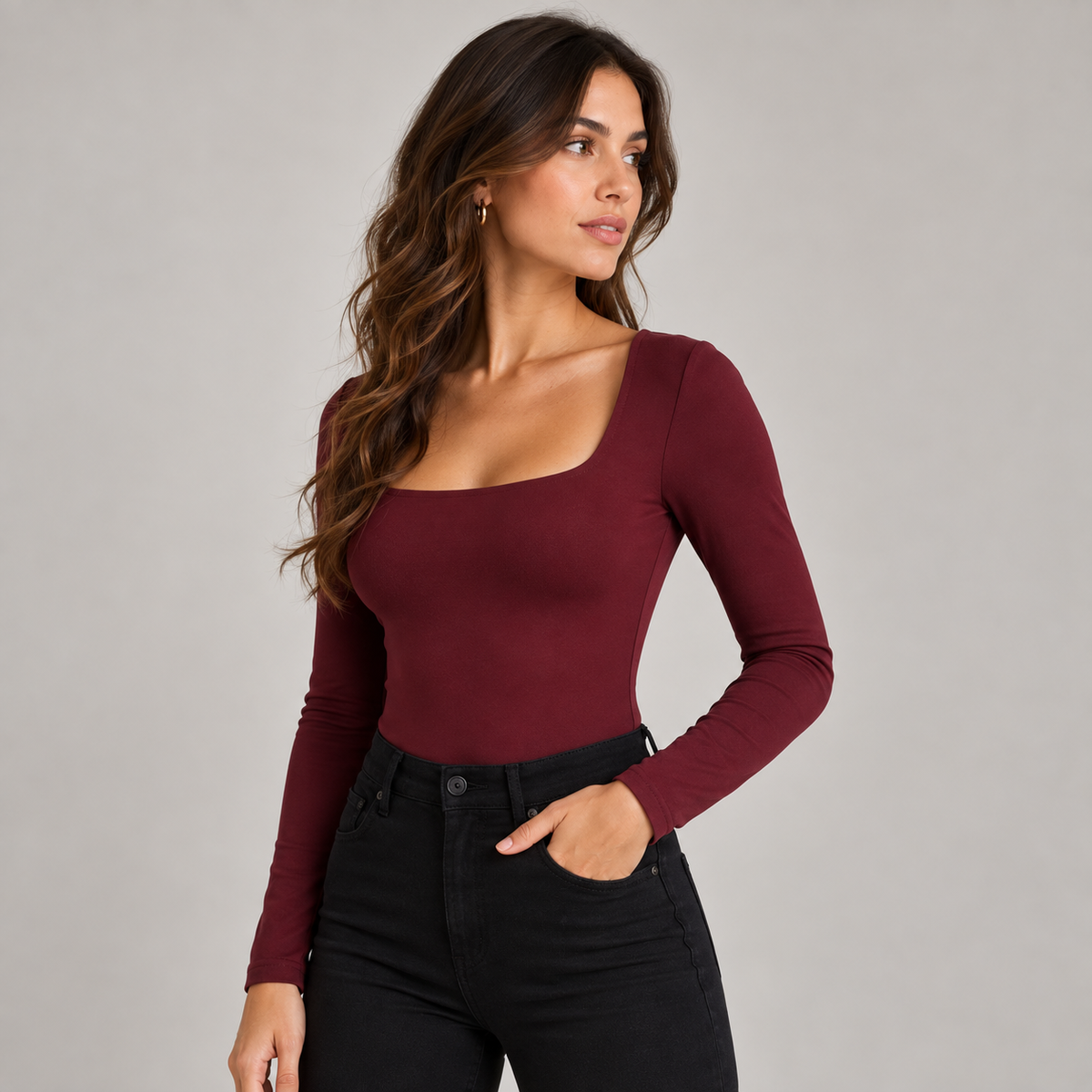 Body Safiria Bordeaux - scollo quadrato e maniche lunghe, vista frontale