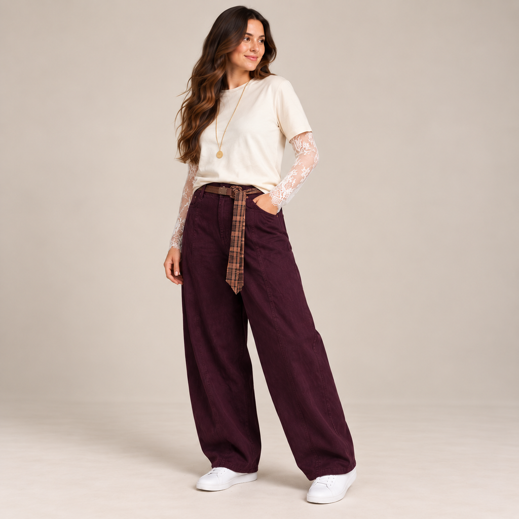 Jeans Ballon Street Bordeaux con cintura e foulard a quadri - vista frontale