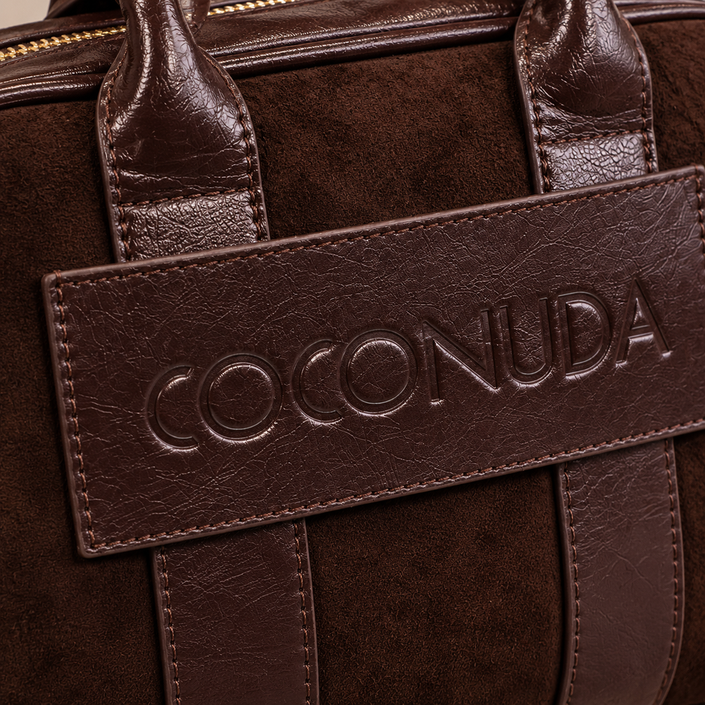 Bauletto Coconuda Cioccolato, dettaglio della placca con logo Coconuda