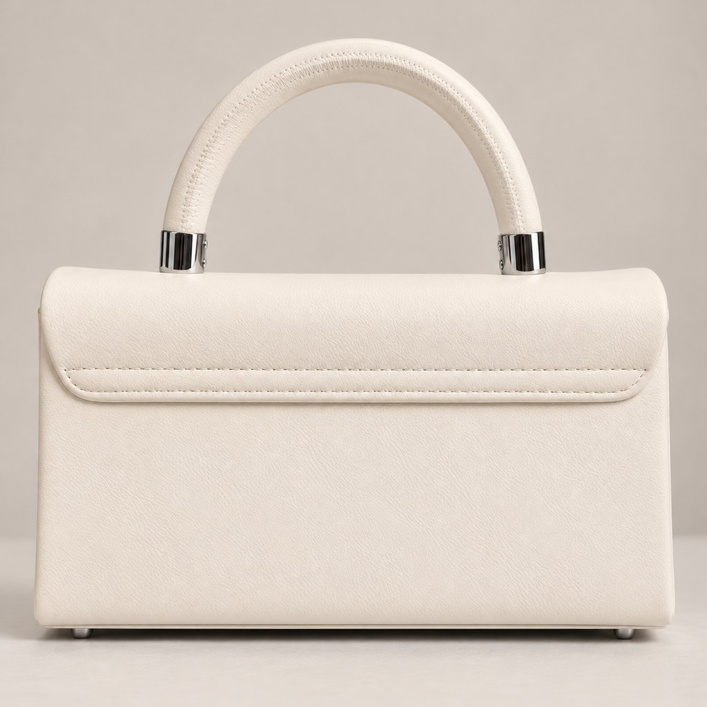 Rock Chic Bag bianca, vista posteriore con manico rigido e terminali argento