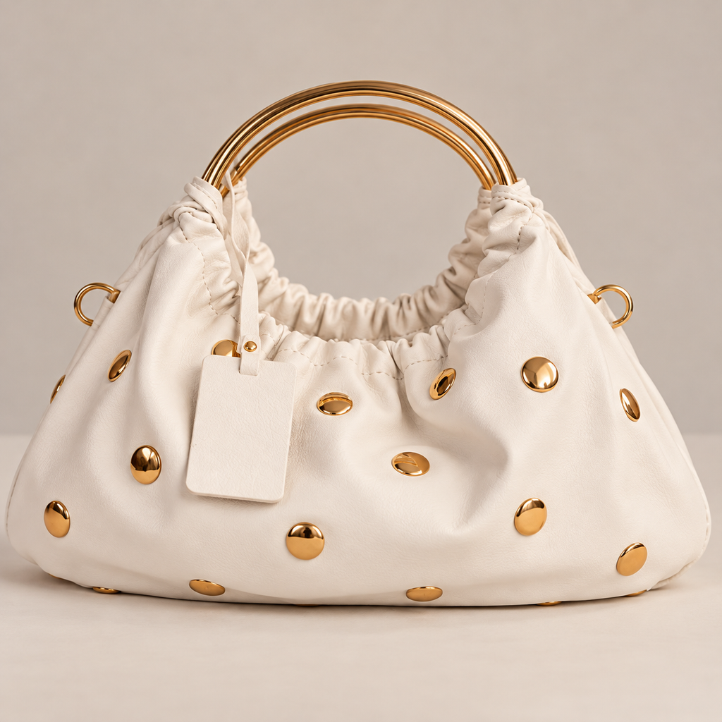 Borsa Adele bianca hobo arricciata con borchie oro e manici ad anello dorati, vista frontale