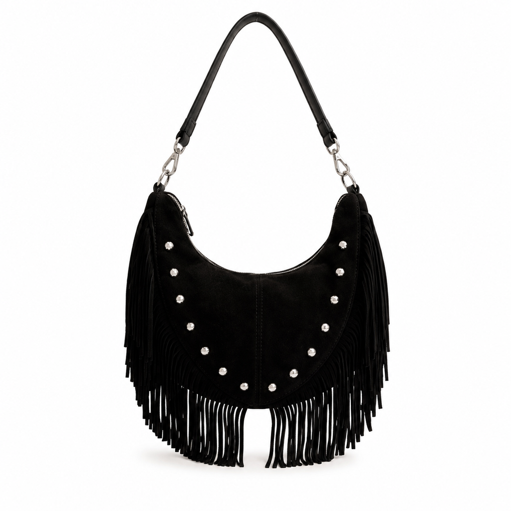 Borsa Cowgirl - vista frontale con frange e borchie argentate