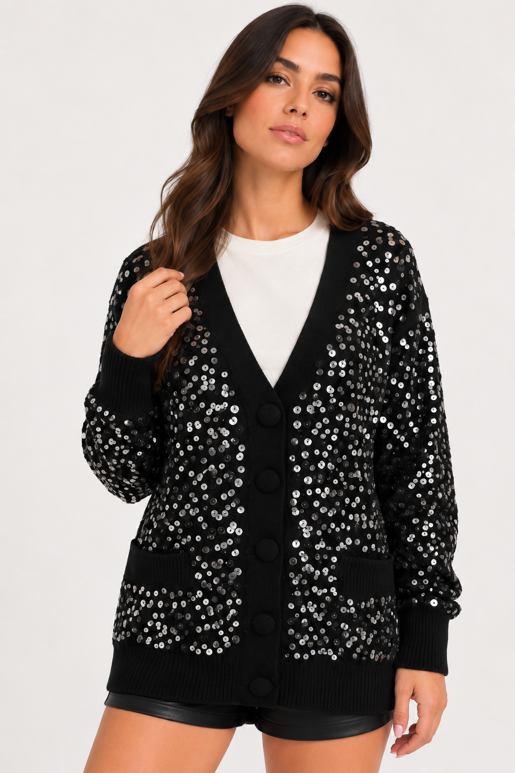 Maglione Glam - cardigan nero con paillettes, vista frontale