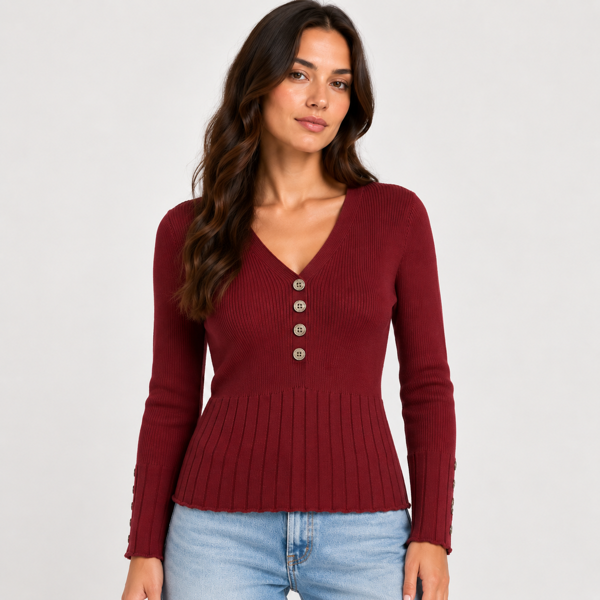 Maglia Bottom Borgogna - vista frontale con scollo a V e bottoni
