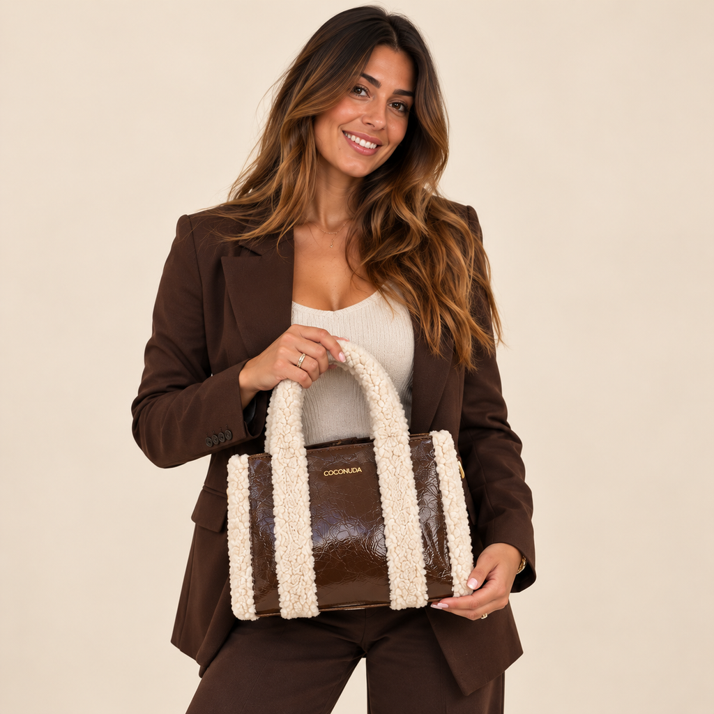Tote Bag Teddy Coconuda Cioccolato tenuta per il manico, abbinata a un tailleur marrone