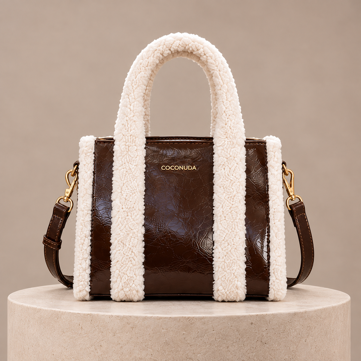 Tote Bag Teddy Coconuda Cioccolato con tracolla e moschettoni dorati
