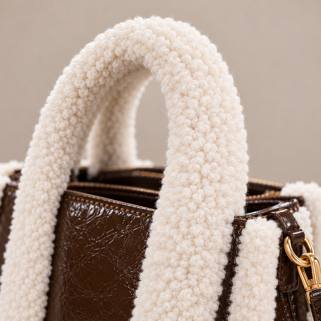 Tote Bag Teddy Coconuda Cioccolato, dettaglio dei manici in teddy