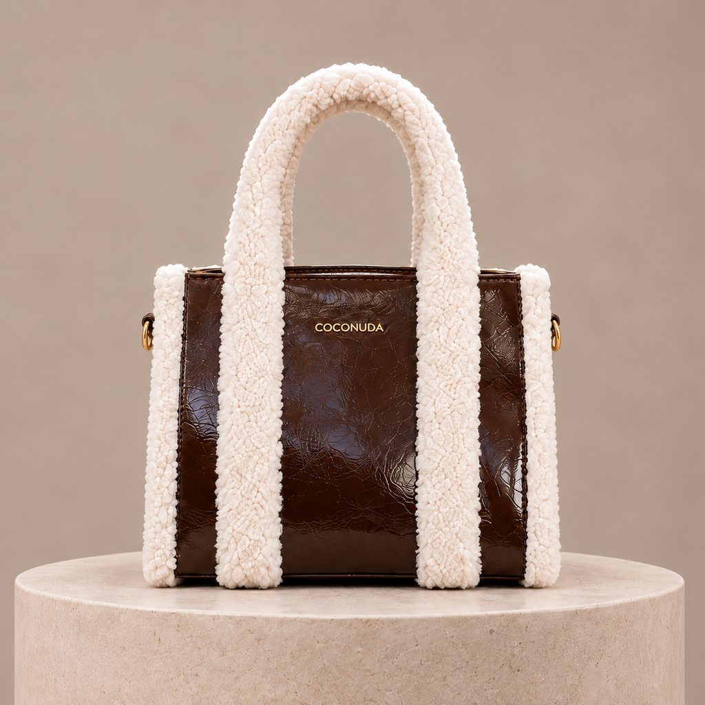 Tote Bag Teddy Coconuda Cioccolato con manici in teddy, vista frontale