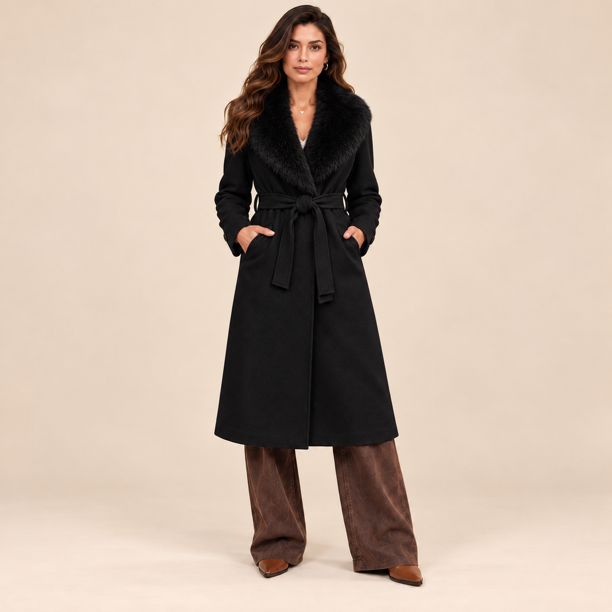 Cappotto Glamour nero con collo in ecopelliccia, vista frontale
