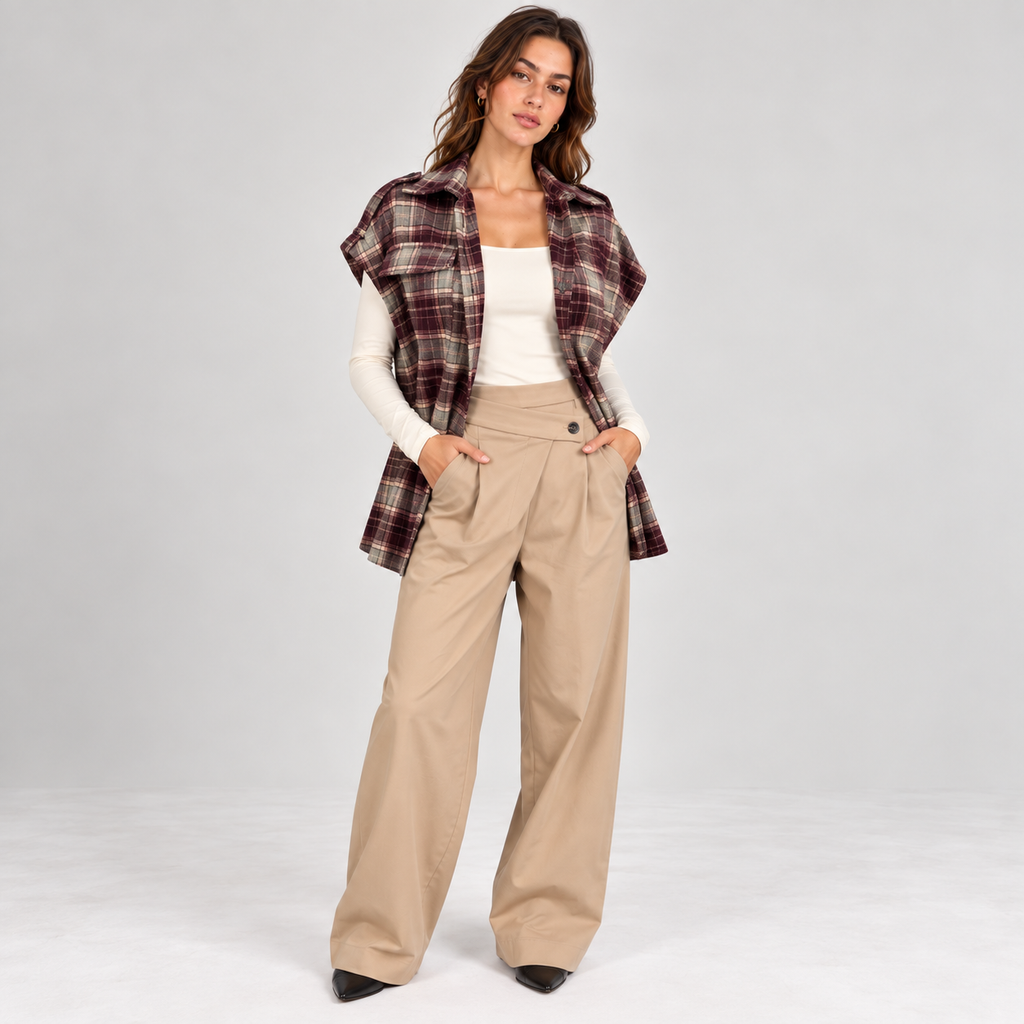 Gilet Scacco tartan bordeaux e grigio indossato, vista frontale a figura intera