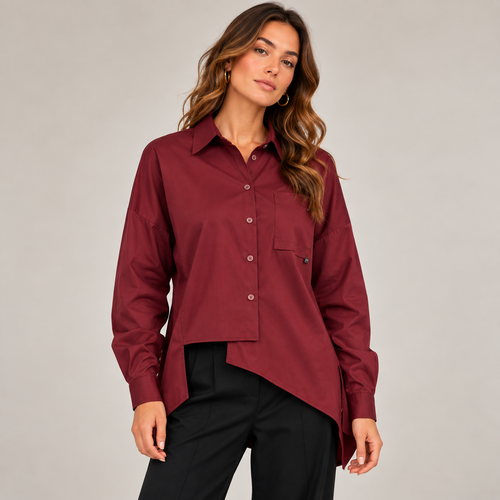 Camicia Alexia bordeaux asimmetrica indossata, vista frontale