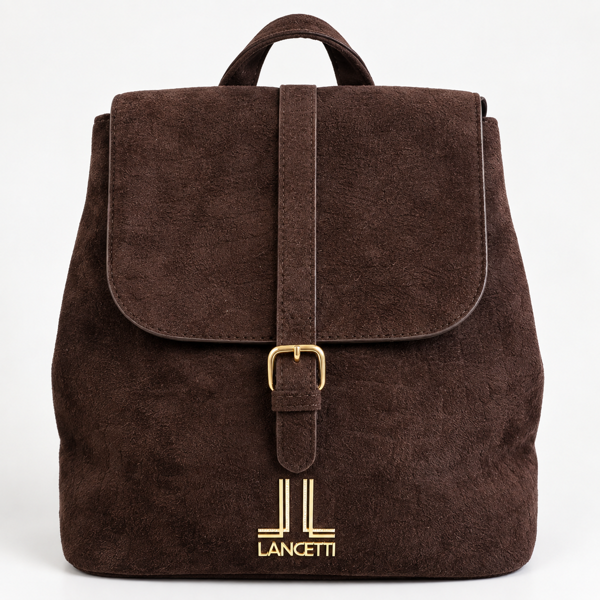 Zaino Brown Lancetti - vista frontale in camoscio con fibbia dorata