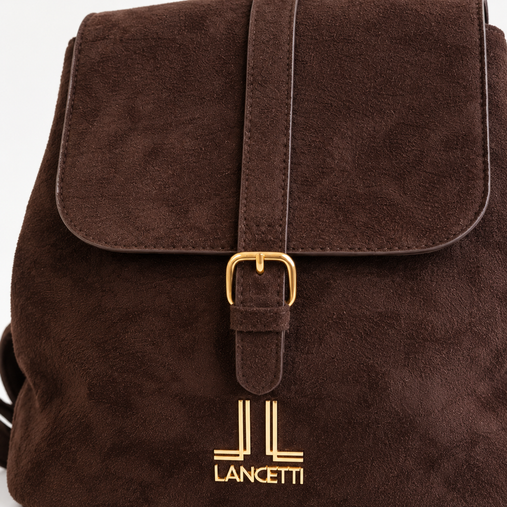 Zaino Brown Lancetti - dettaglio patta e fibbia dorata