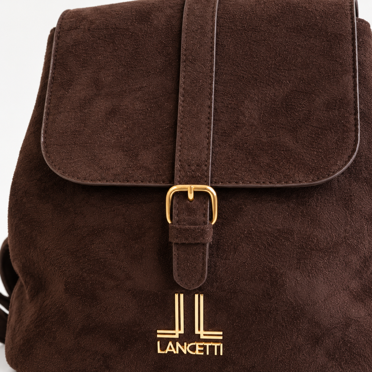 Zaino Brown Lancetti - dettaglio patta e fibbia dorata