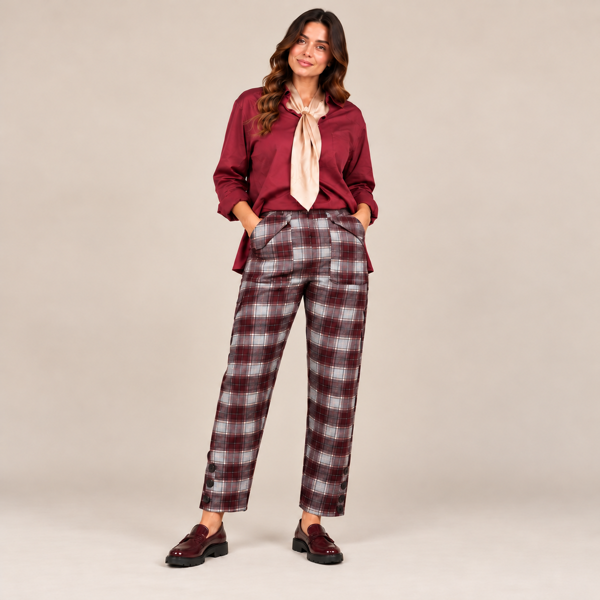 Pantalone Highland tartan bordeaux e grigio a vita alta con camicia bordeaux e mocassini, vista frontale