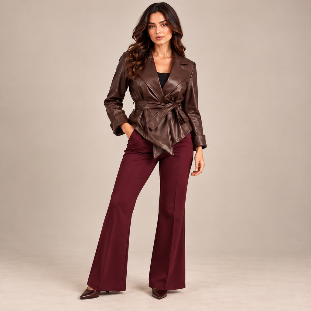 Giacca Kimono Borgogna in ecopelle - figura intera con pantalone