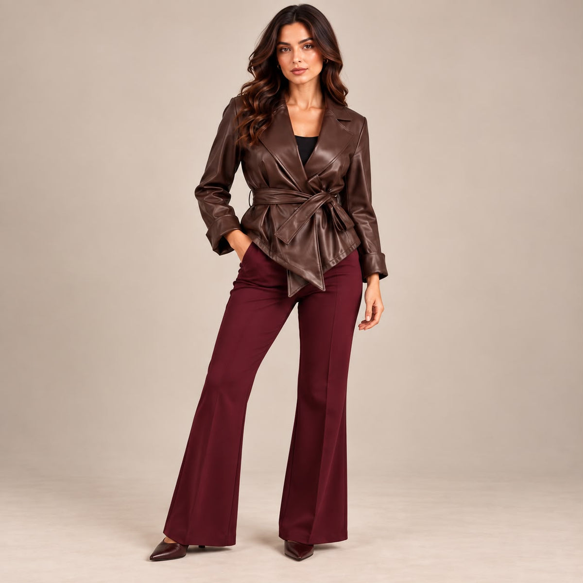 Giacca Kimono Borgogna in ecopelle - figura intera con pantalone