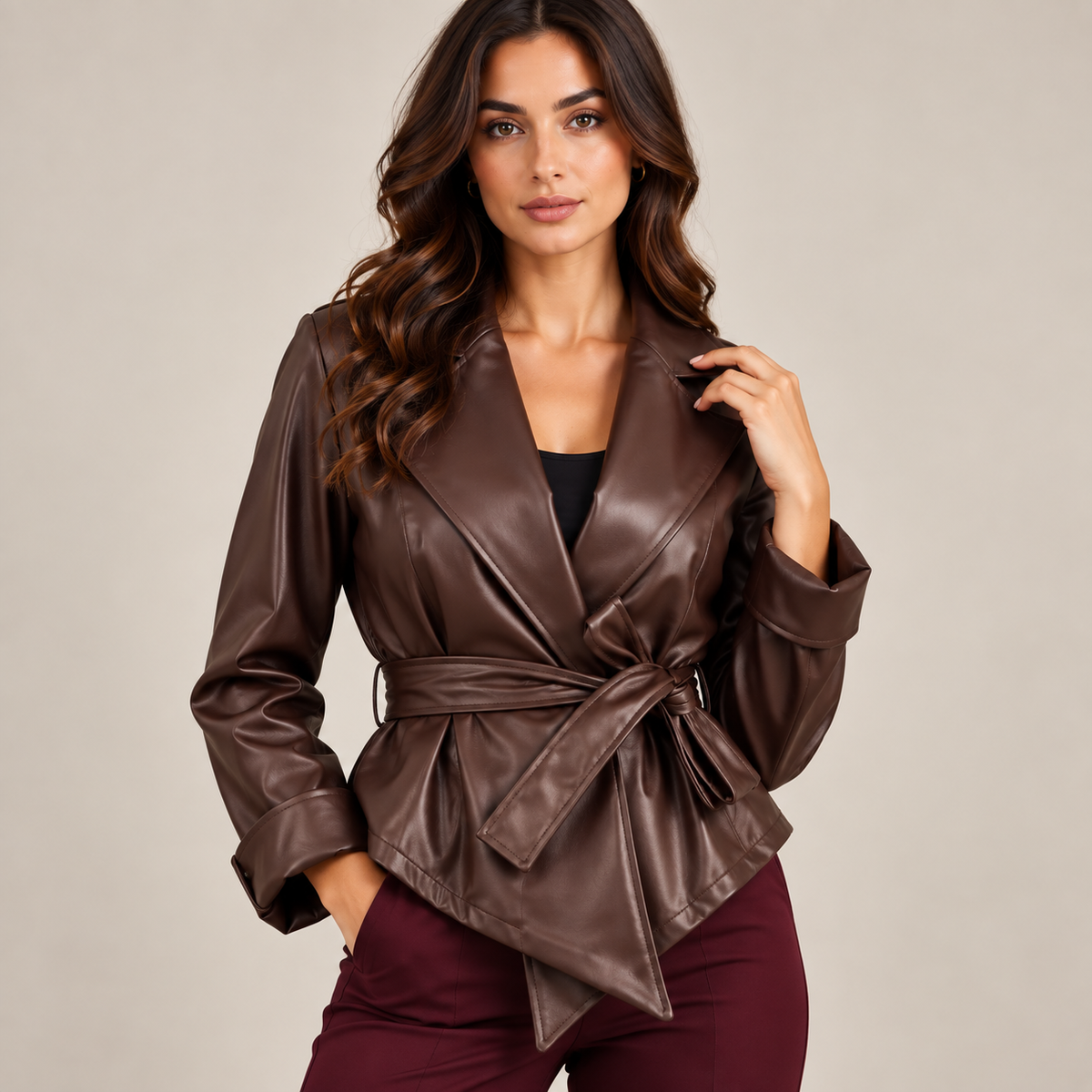 Giacca Kimono Marrone in ecopelle - vista frontale con cintura annodata