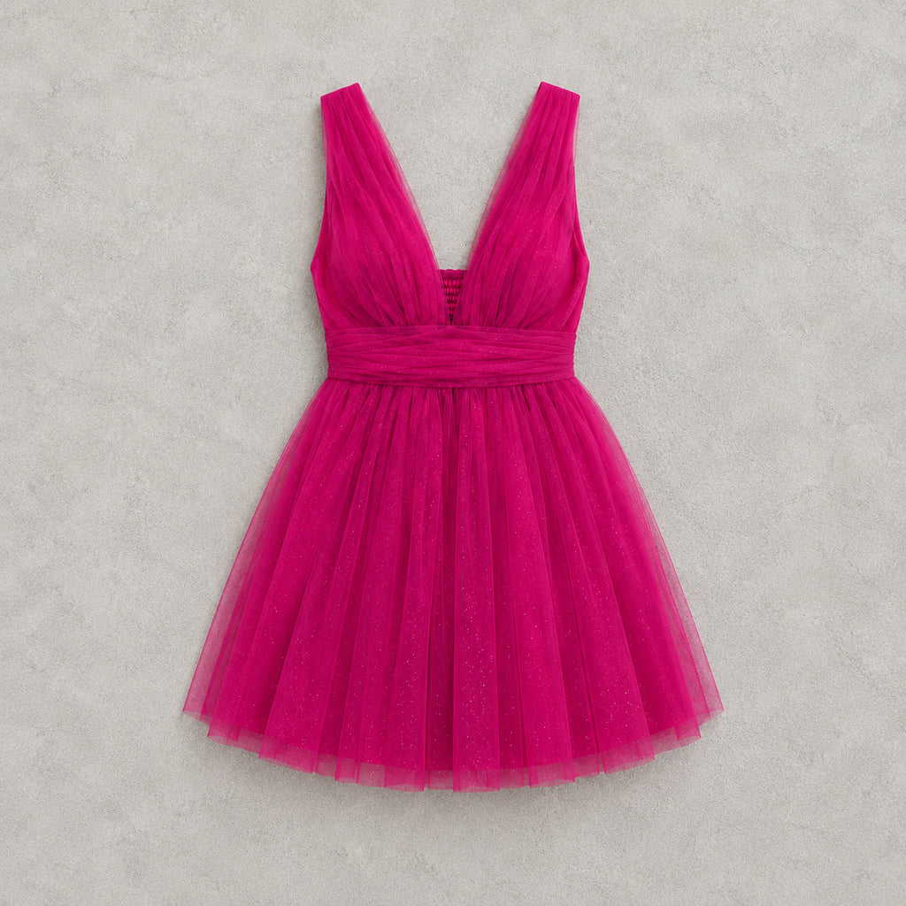 Abito Claudette mini in tulle glitter fucsia, vista frontale del capo