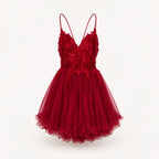 Abito Letizia mini in tulle bordeaux con pizzo, vista frontale del capo