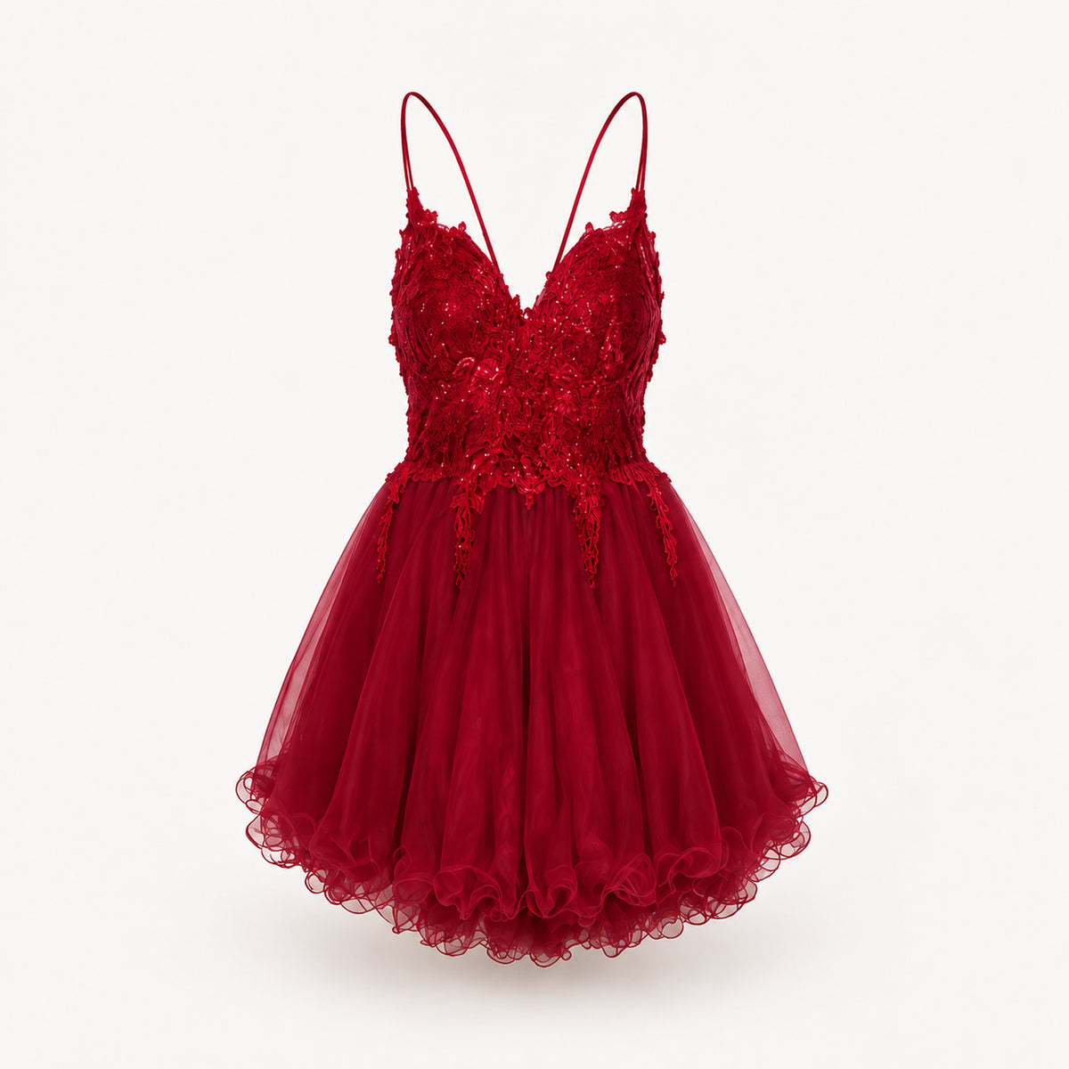 Abito Letizia mini in tulle bordeaux con pizzo, vista frontale del capo