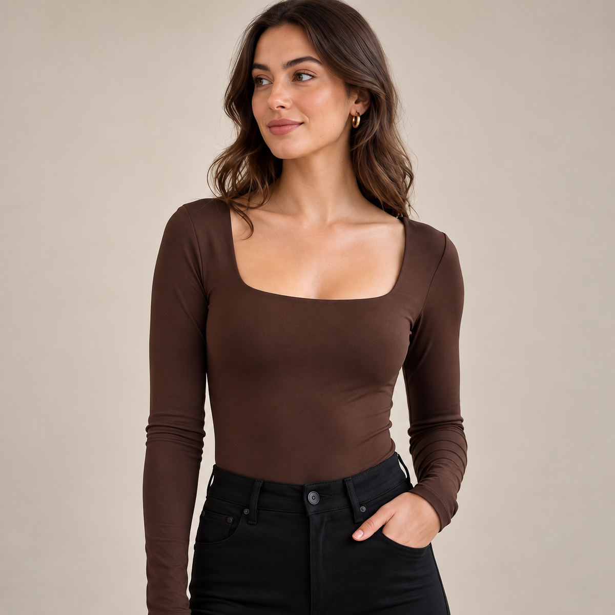 Body Safiria Marrone - scollo quadrato e maniche lunghe