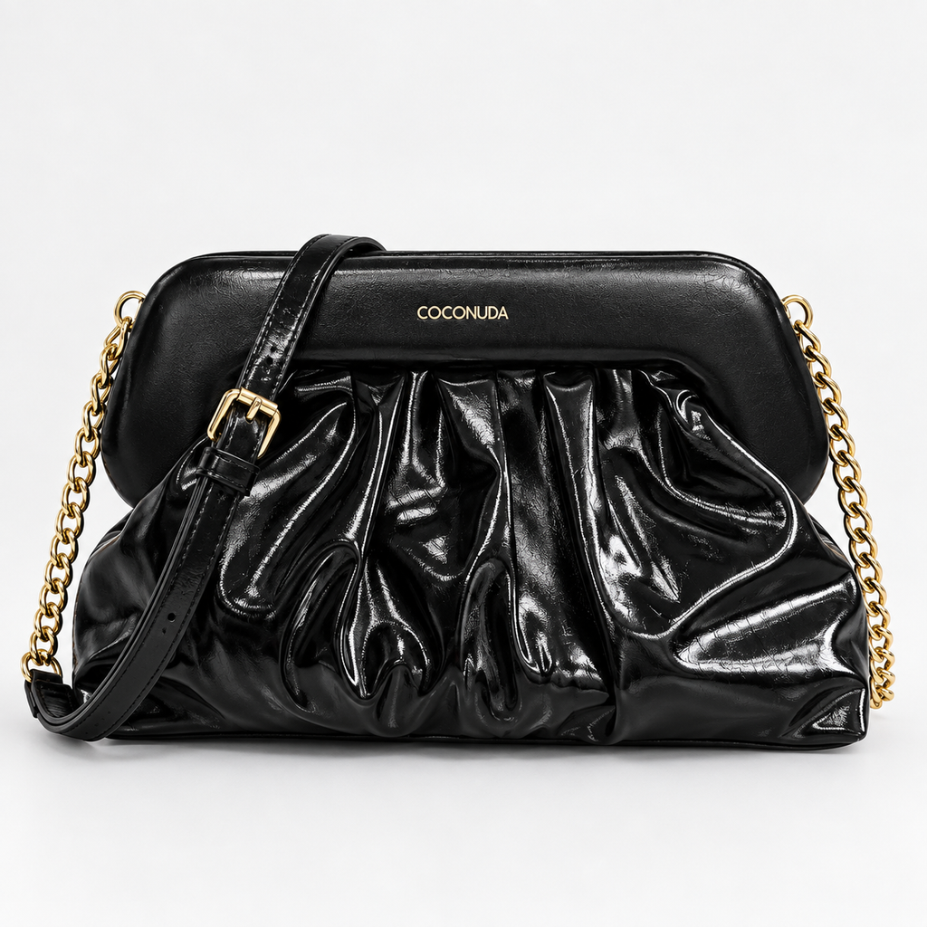 Coconuda Clutch Pouch Nero - vista frontale con tracolla e catena dorata
