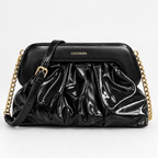 Coconuda Clutch Pouch Nero - vista frontale con tracolla e catena dorata