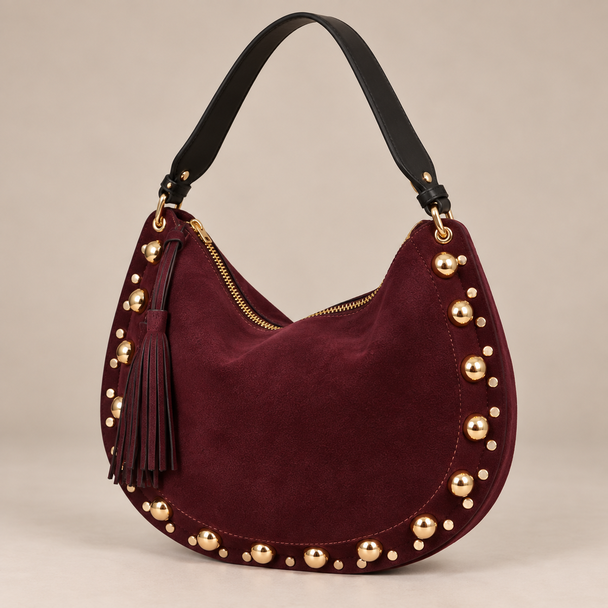 Boule Strong Bag Borgogna - vista frontale con borchie dorate e nappa