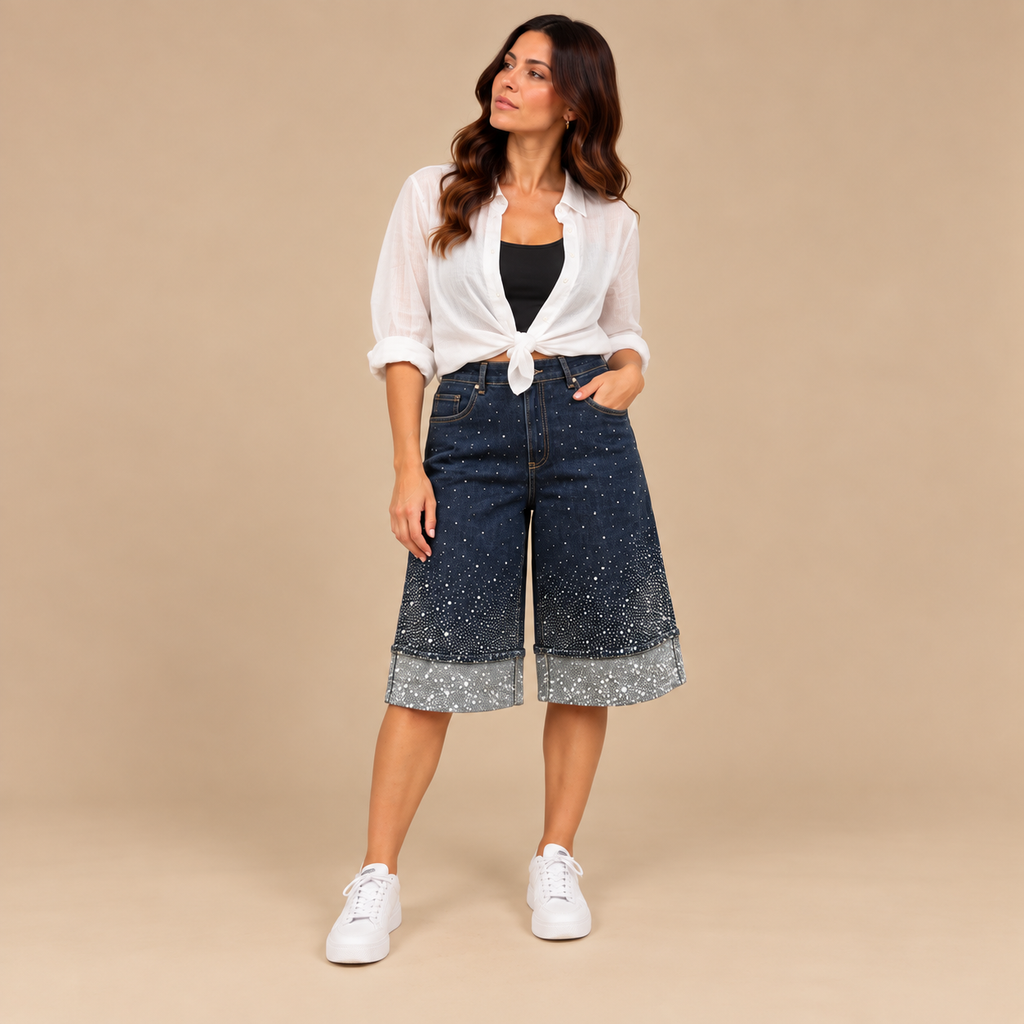 Jorts Dark Palazzo - bermuda in denim scuro con strass, look completo frontale