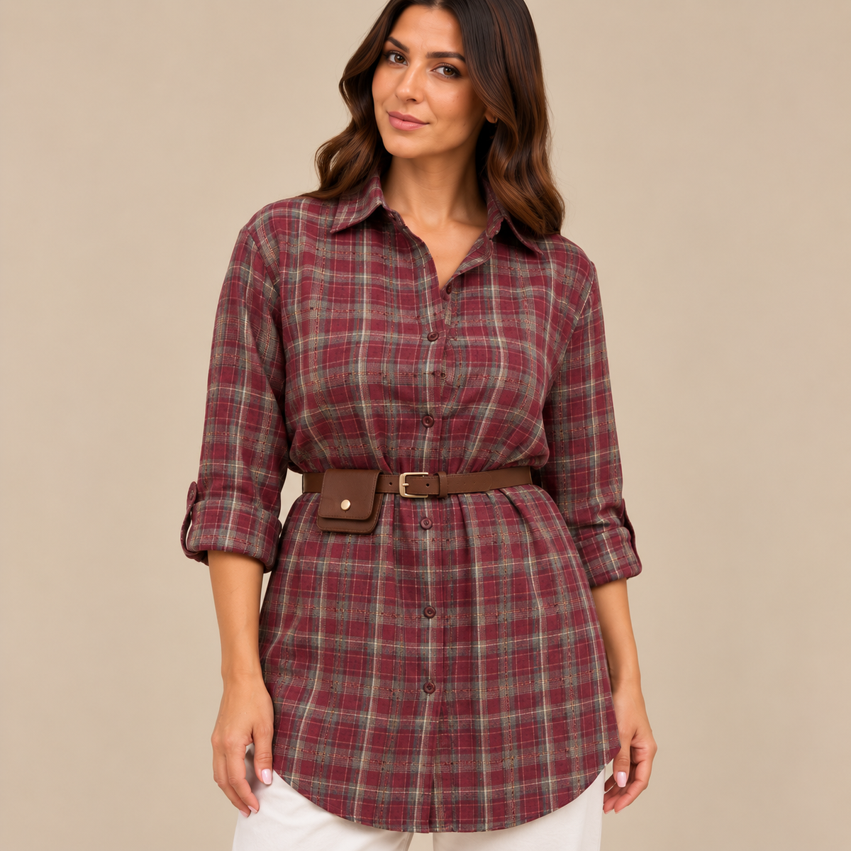 Scottish Chemisier Bordeaux - camicia a quadri con cintura, vista frontale