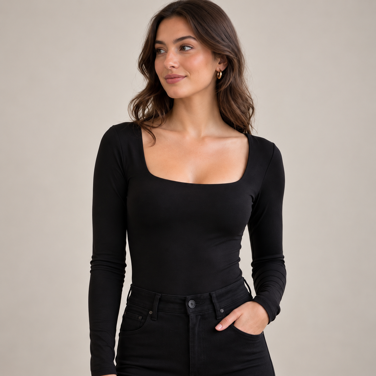 Body Safiria Nero - scollo quadrato e maniche lunghe