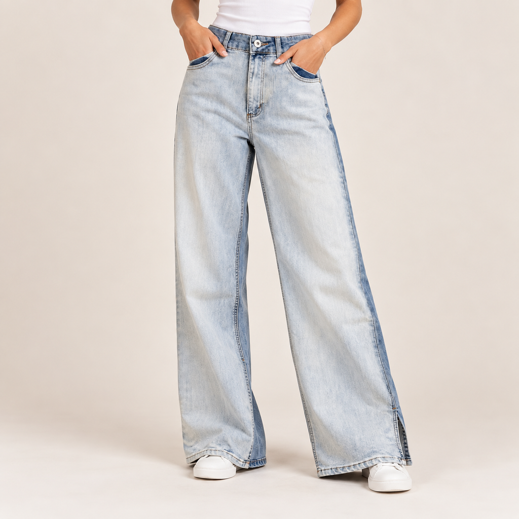 Jeans Double - dettaglio gamba larga bicolor indossato