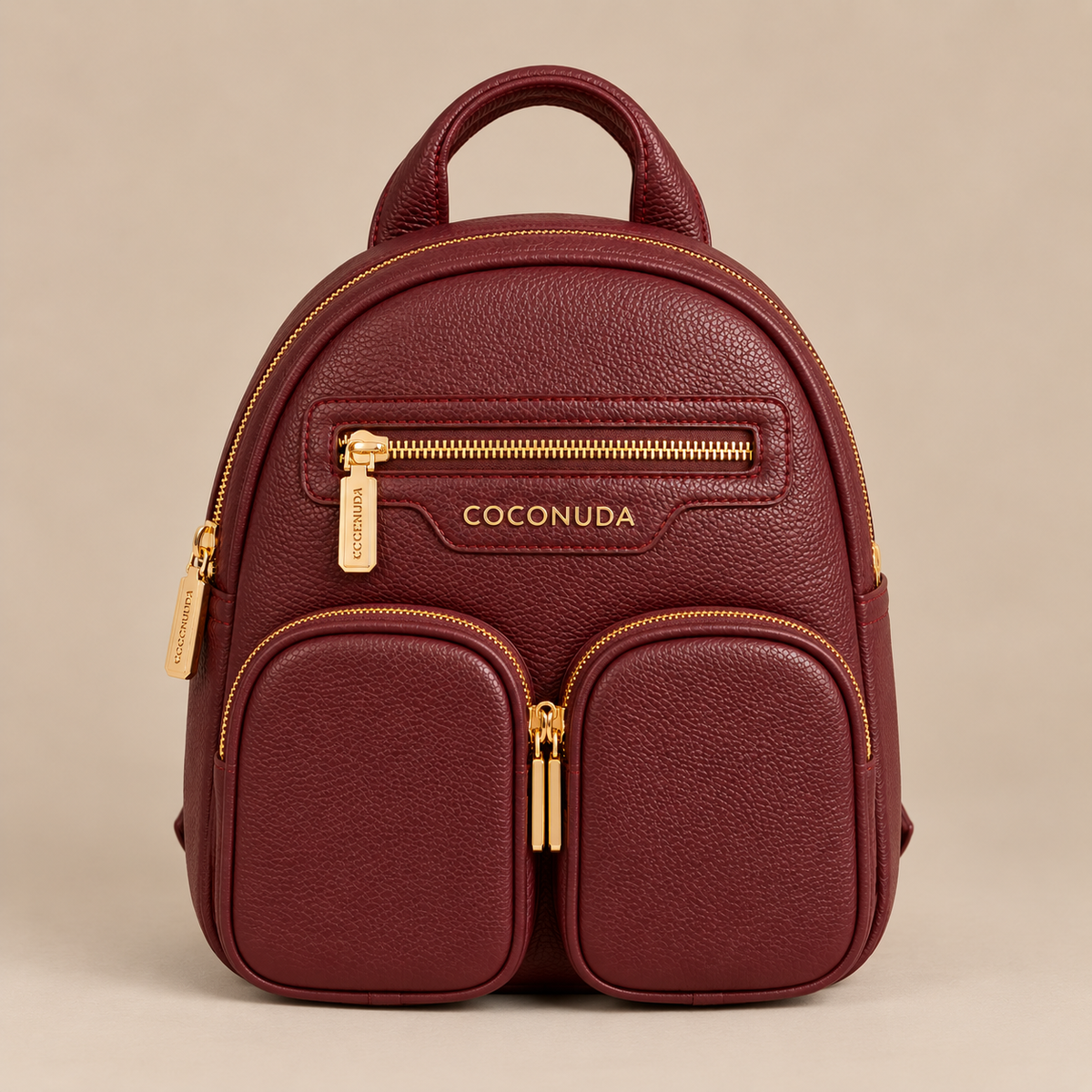 Zaino Coconuda Bordeaux - vista frontale con zip e dettagli dorati