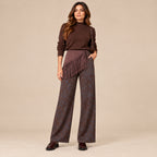 Pantalone Texas palazzo fantasia marrone e blu con gonna a frange removibile, vista frontale